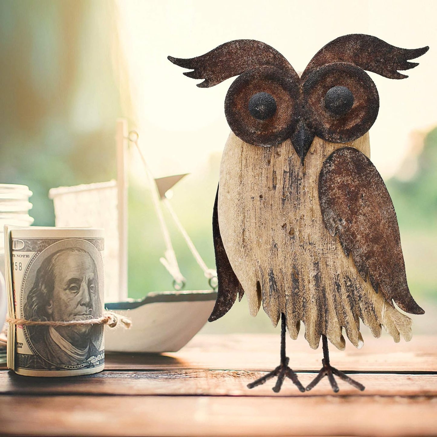 E-view Rustic Owl Figurines Decor Animal Statue for Home-Wooden Stand Owl Sculptures Decorations for Living Room Bedroom-Shelf Decoration Decorative Tabletop Collection(Owl B)