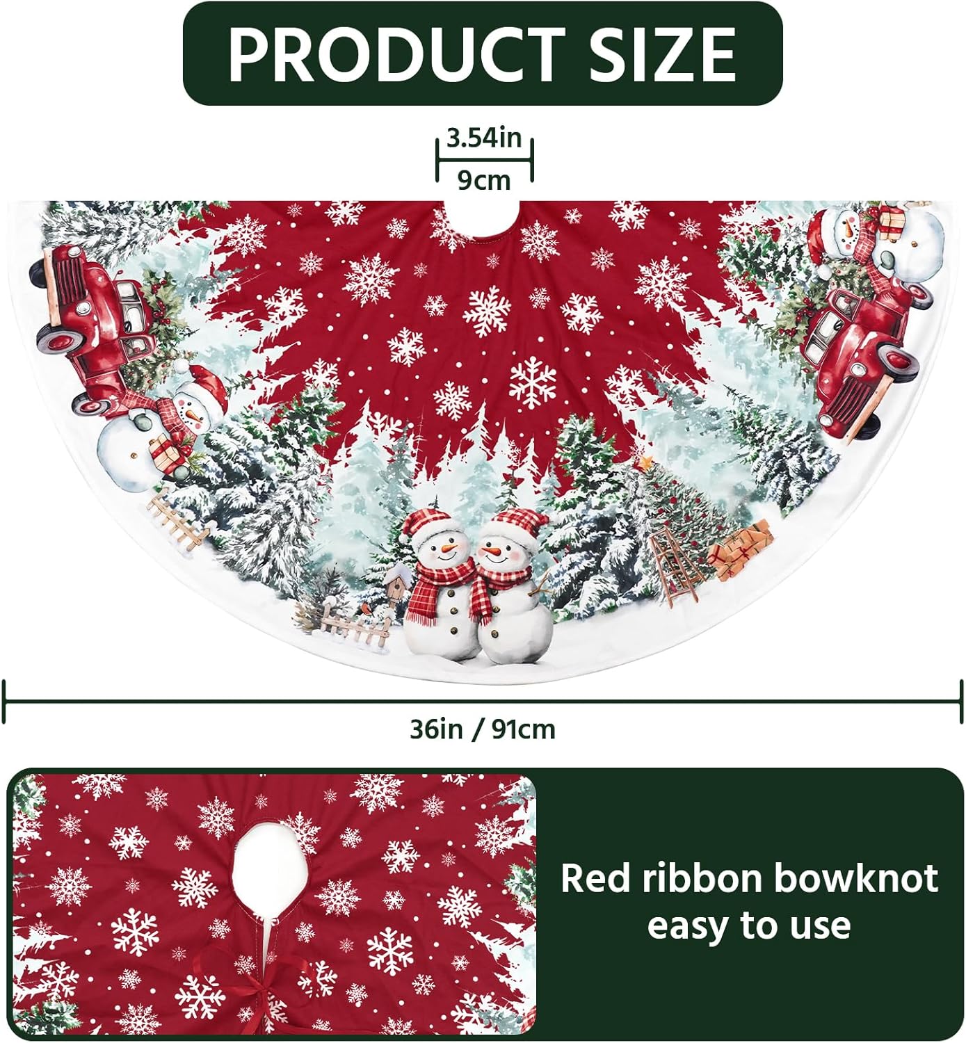 Christmas Tree Skirt 36 Inch, Red Snowman Trucker Xmas Tree Skirts, Winter Christmas Trees Mat for Home Party Holiday Indoor Outdoor Decorations
