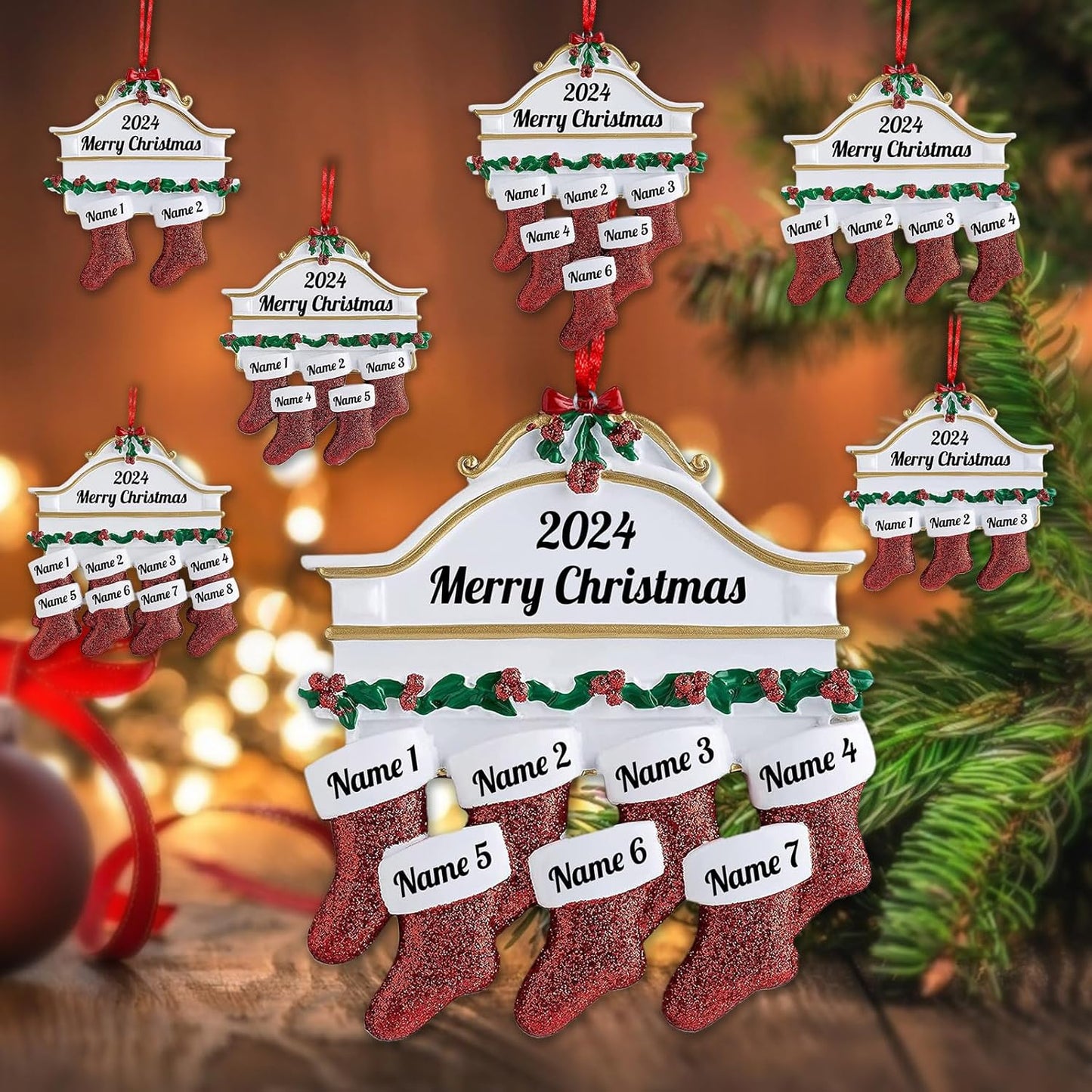 Personalized Christmas Ornaments Family of 2,3,4,5,6,7,8 Custom Christmas Stocking Ornaments with Names, Customized Xmas Day Home Christmas Tree Decora- Family of 7