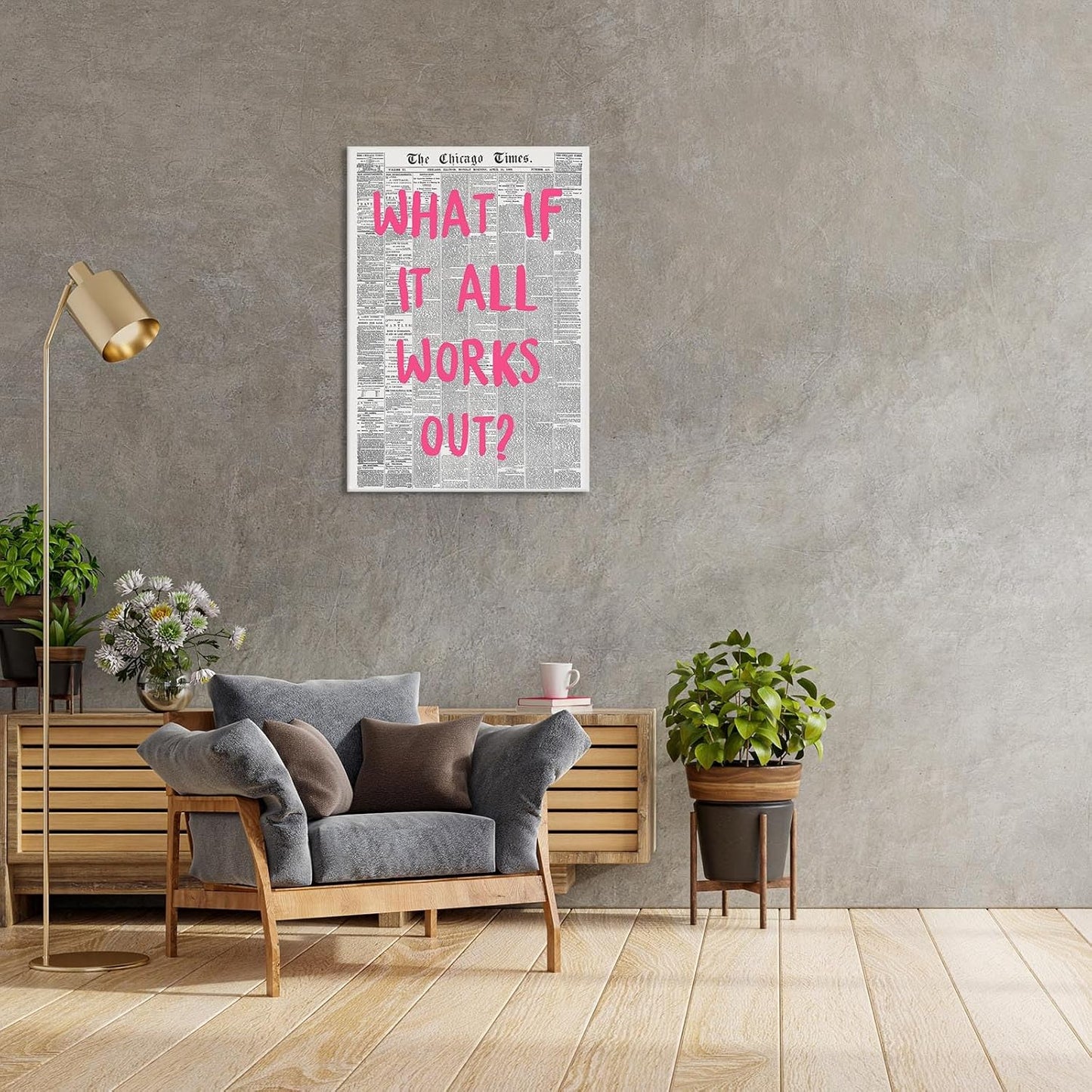 Liyark Retro Trendy Newspaper Canvas Wall Art What If All Works Out Poster Black And White Positive Affirmation Quote Wall Art Pink Font Wall Decor Minimalist Home Decor 24x36in Framed