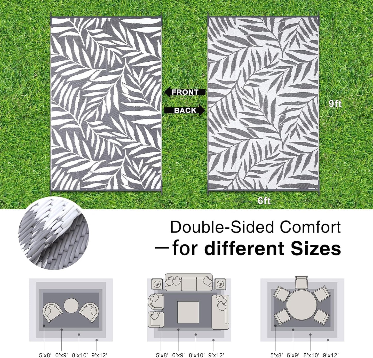 OLANLY Waterproof Outdoor Rug 6x9 ft, Reversible Outdoor Plastic Straw Rug with Leaf Pattern, RV Mat, Indoor Outdoor Carpet for Patio, Camping, Balcony, Deck, Backyard, Grey & White