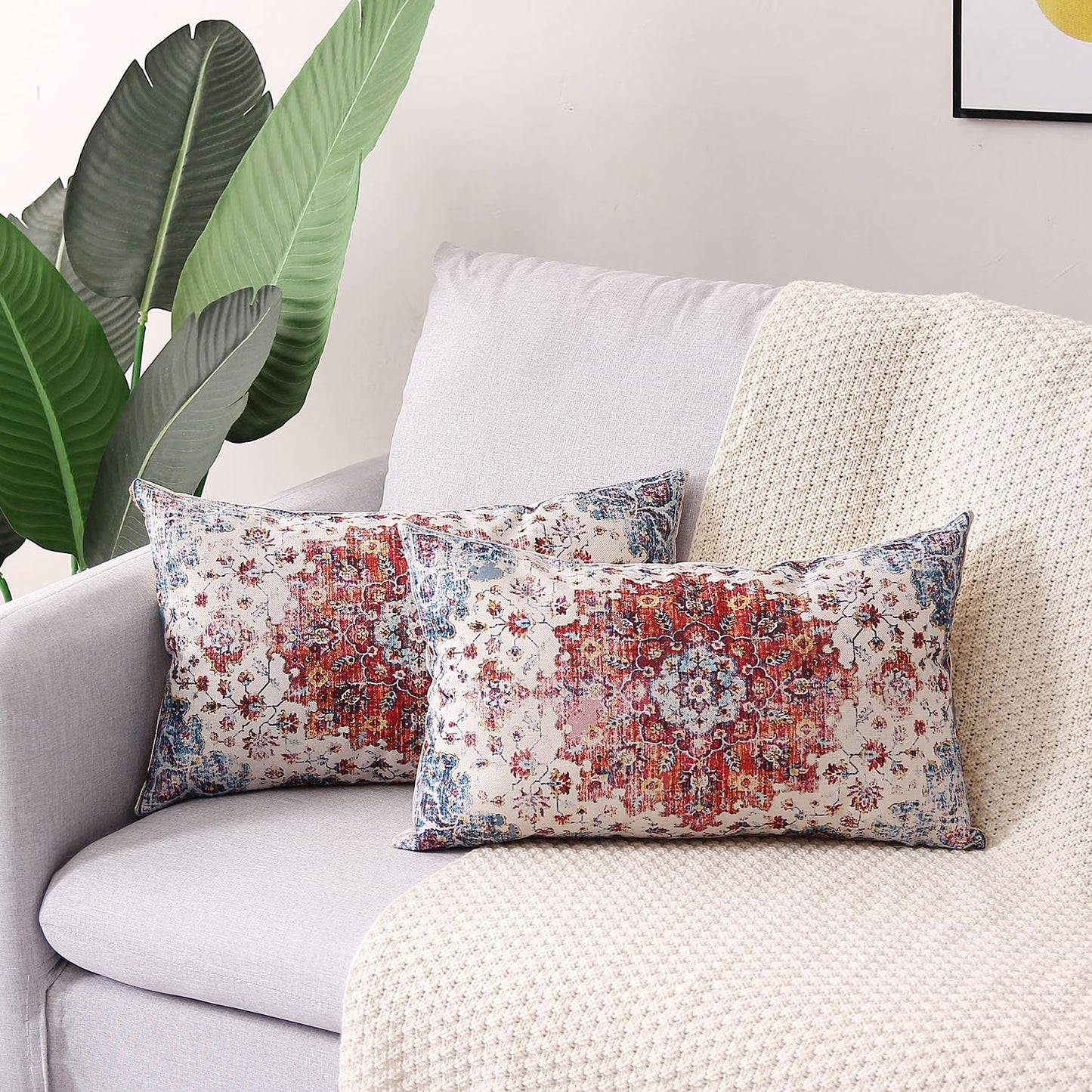 Outdoor Waterproof Pillow Set of 2 - 12 X 20 Inch Blue Orange Bohemian Vintage Carpet Pattern Ethnic Design Decorative Farmhouse Pillow Covers for Couch Garden Balcony