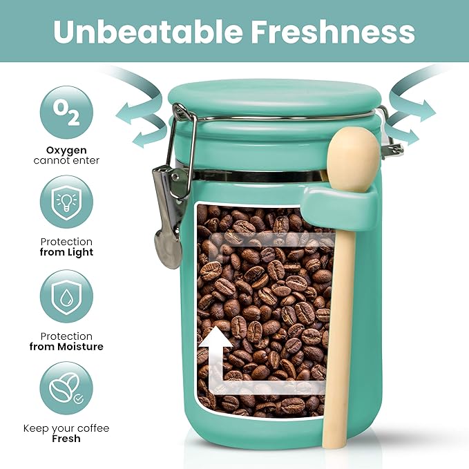 Home Intuition 4-Piece Ceramic Kitchen Canisters Set, Airtight Containers with Wooden Spoons Reusable Chalk Labels and Marker for Sugar, Coffee, Flour, Tea (Turquoise)