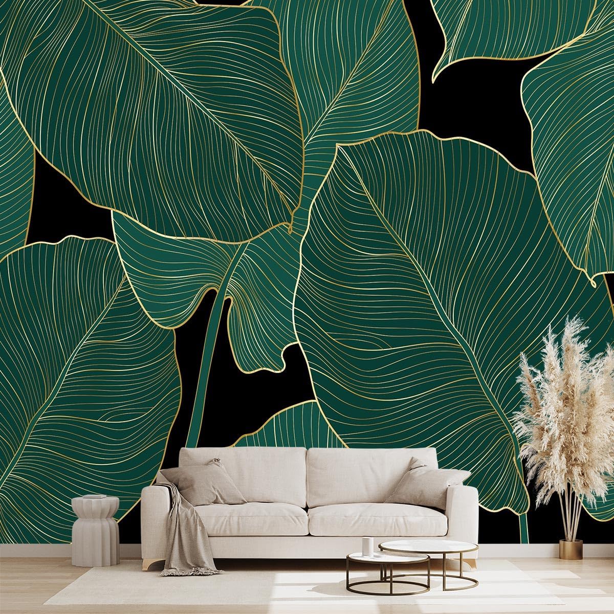 Black and Gold Leaf Mural Bedroom Tropical Green Botanical Wallpaper Room Plant Decor Living Room tv Background Large Wall Mural - 137"x96" (Not Peel and Stick)