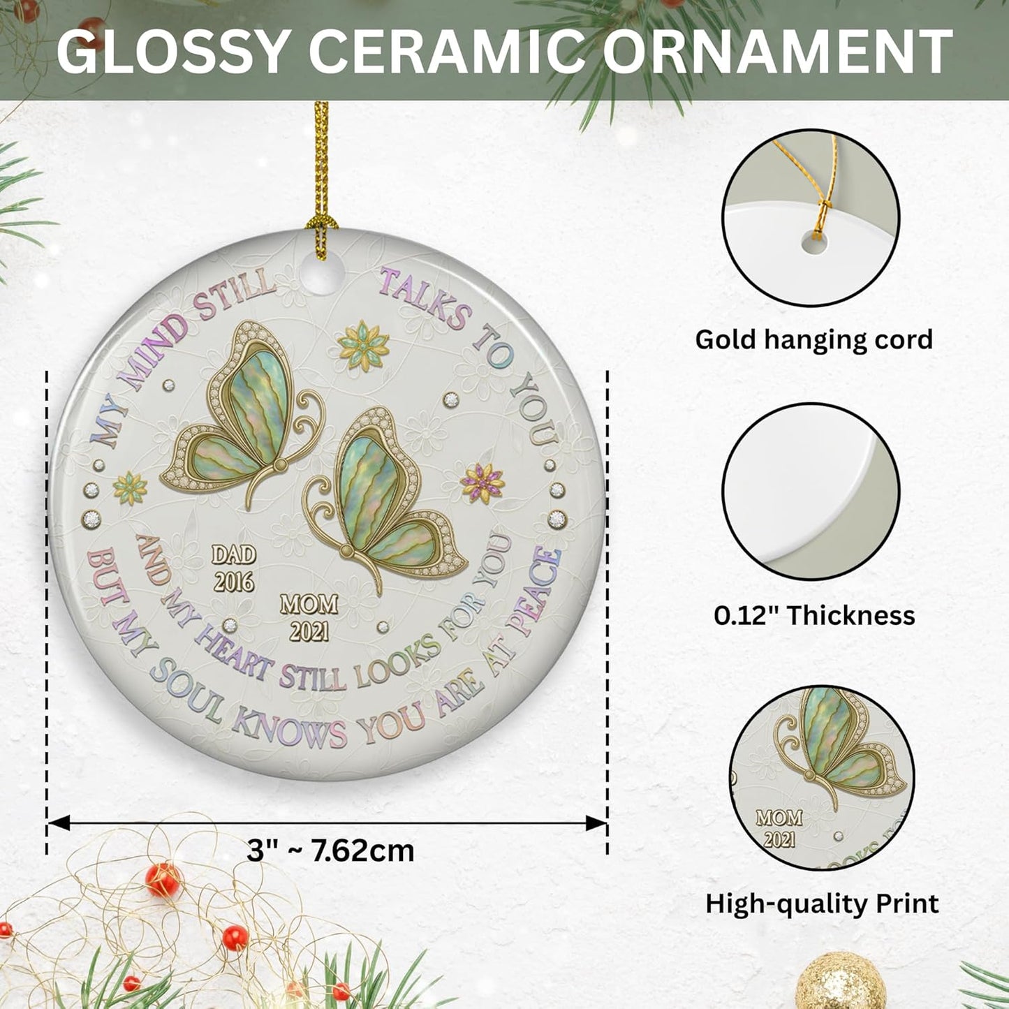 Memorial Ceramic Ornament Personalized Butterfly My Mind Still Talks to You - Custom Name Christmas Remembrance Ornament for Loss of Loved Ones Memory of Mom Dad in Heaven Sympathy Gift