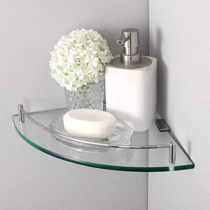 KES Glass Corner Shelf Bathroom Shelf Tempered Glass with Rail SUS 304 Stainless Steel Floating Wall Mount Bracket Polished Finish, BGS2101A