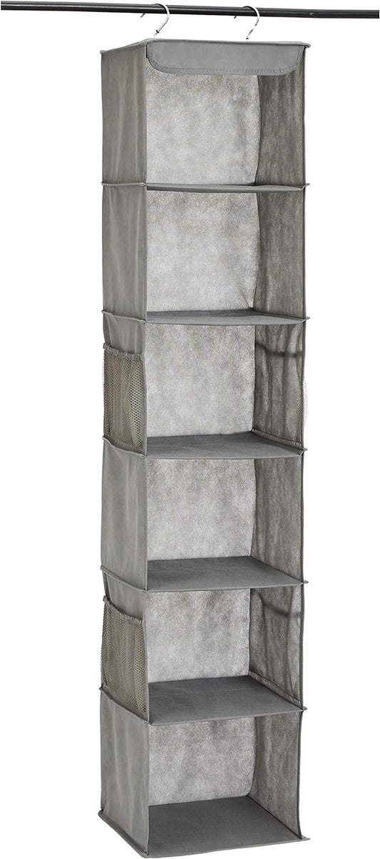 Amazon Basics 6-Tier Hanging Closet Shelf Organizer With Pockets, 8.5" D x 12" W x 9" H, Grey