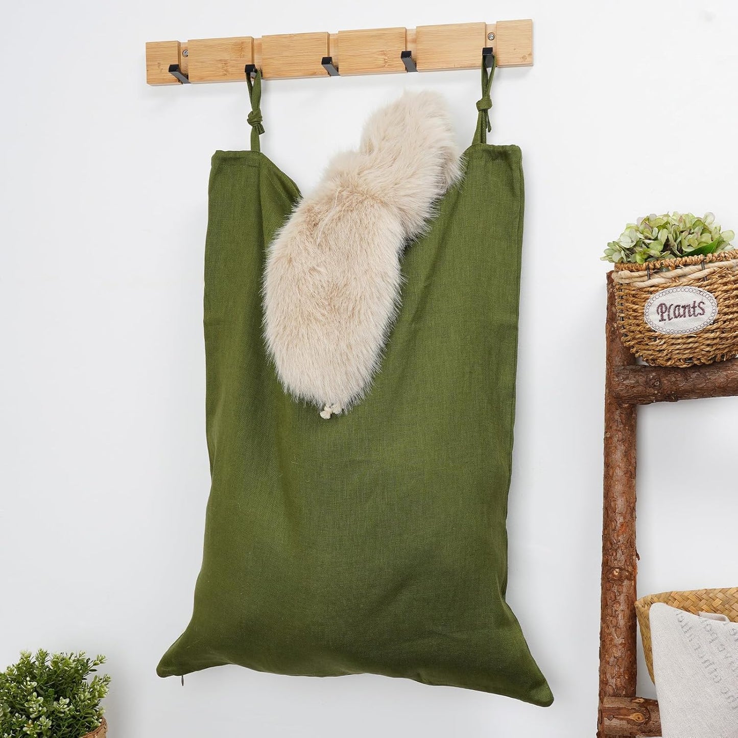 Linen Hanging Laundry Bag, Over The Door Laundry Hamper for Dirty Clothes, Drawstring Closure with Bottom Zipper, Army Green