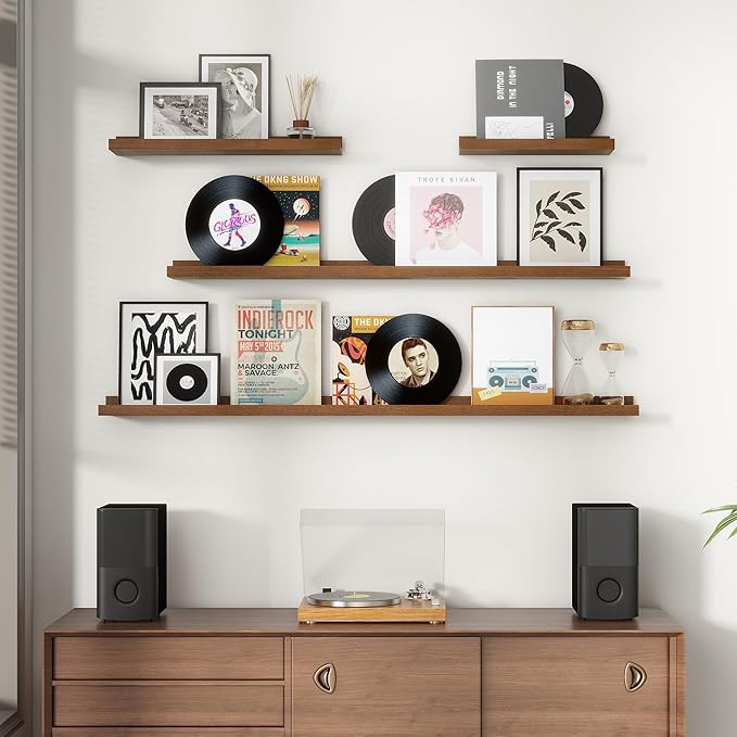 Picture Ledge Wall Shelves 56 inches Width Set of 3, Solid Pine Wood Rustic Floating Ledge Shelves for Wall for Kids' Room Bedroom Kitchen Bathroom Long Floating Shelves for Wall Decor, Walnut