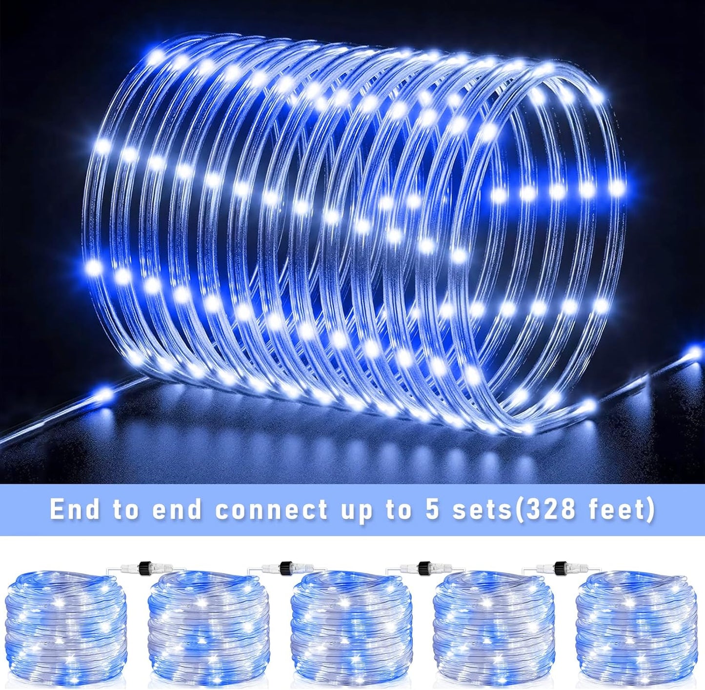 Rope Lights for Outside, 66FT 200 LED Christmas Lights Outdoor with Waterproof 8 Modes, Connectable Tube String Light for Indoor Bedroom, Garden, Backyard, Patio, Pool Decorations - Blue White
