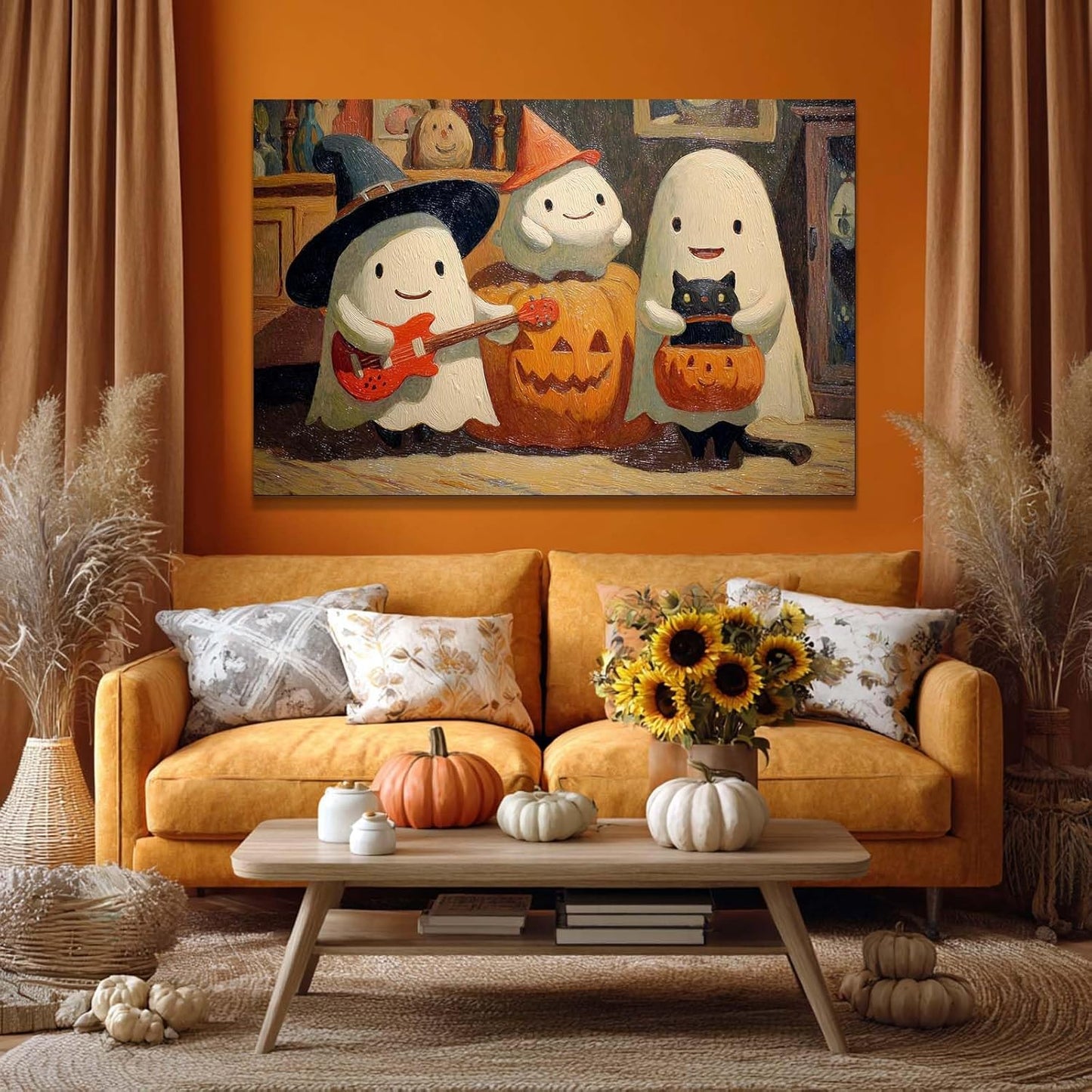 Laoife Vintage Halloween Canvas Wall Art, Autumn Pumpkin Cute Ghost Canvas Prints, Halloween Party House Decoration (Ghost 4)