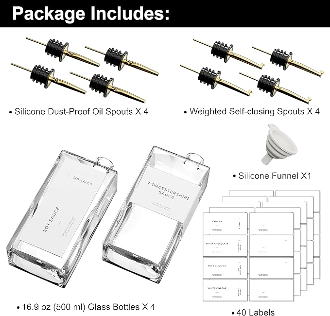 Olive Oil Dispenser for Kitchen, 16.9 oz/ 500 ml Olive Oil Dispenser Bottle, Glass Oil Bottles for Kitchen with 8 Stainless Steel Pourers, 40 Labels, 4 Pcs, Gold