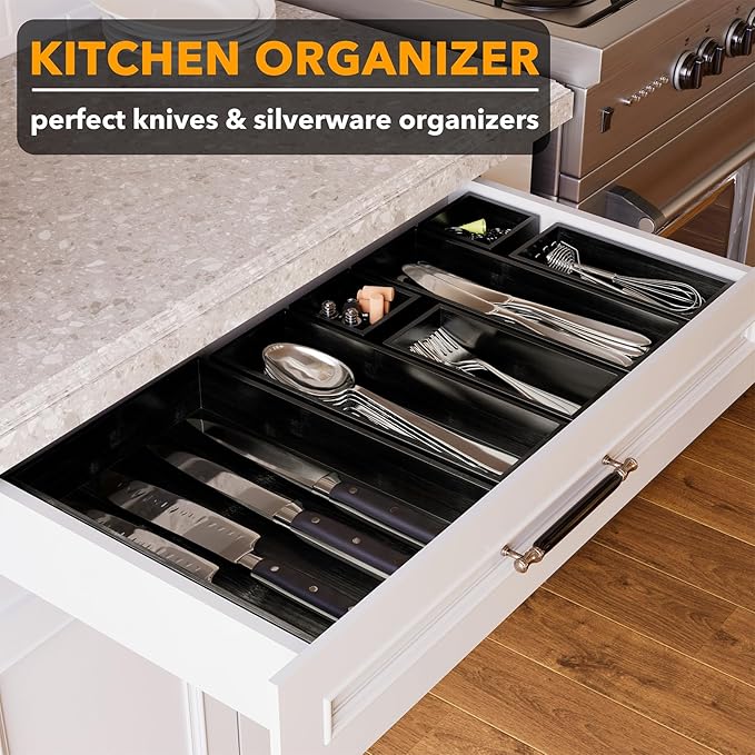 SpaceAid 7-Piece Bamboo Drawer Organizer Storage Boxes Set, Wood Tray Junk Drawer Organizers Multi-Use Divider Bins for Kitchen, Bathroom, Office Desk and Makeup Organization (7 Pack, Black)