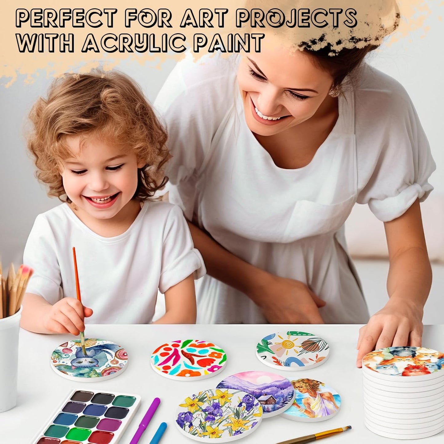 Ceramic Tiles for Crafts, GOH DODD 24 Pack Unglazed Blank Coasters with Cork Backing for Alcohol Ink Painting Acrylic Pouring Art Projects Housewarming Gifts Wedding School Education, Round, 4 Inch