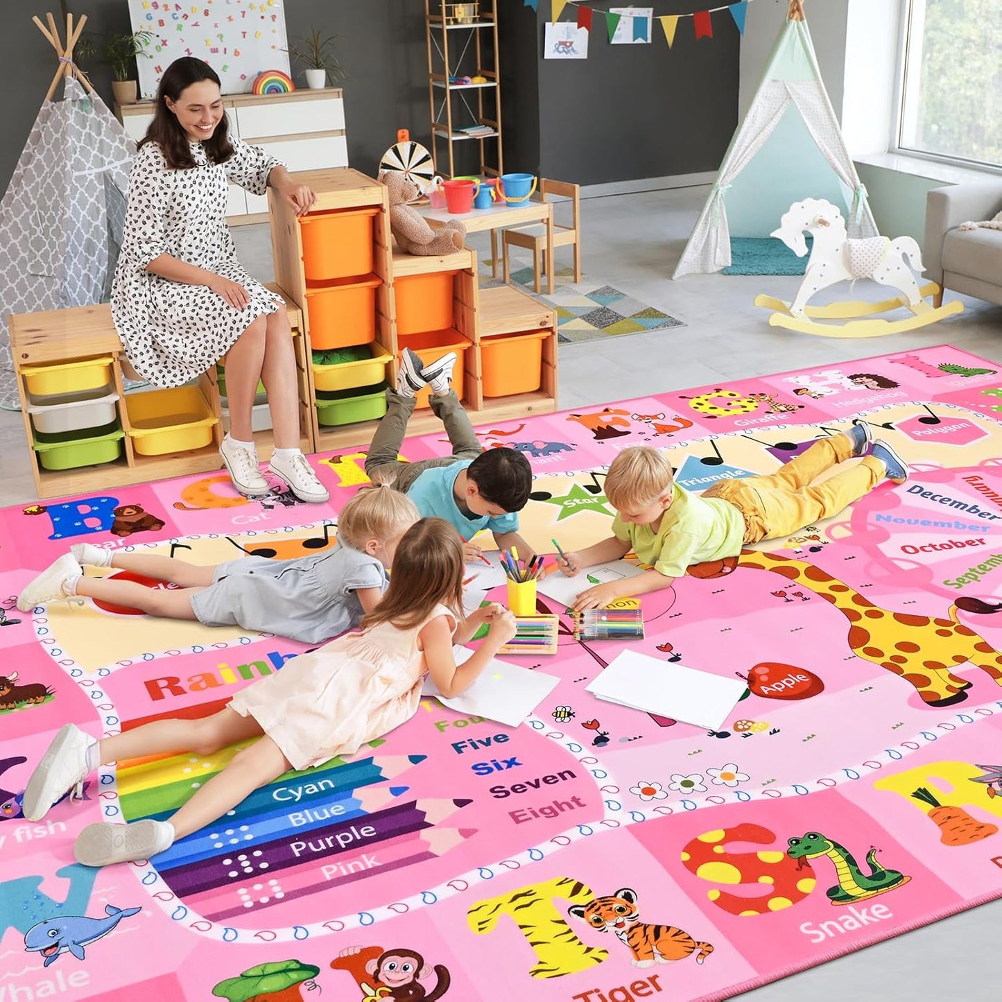 Kids Rugs for Playroom Bedroom Classroom Nursery, Non-Slip and Washable Rugs for Children Toddlers Girls, Educational and Fun Rug Carpets with ABC Alphabet Animals Shapes, 5x7, Pink