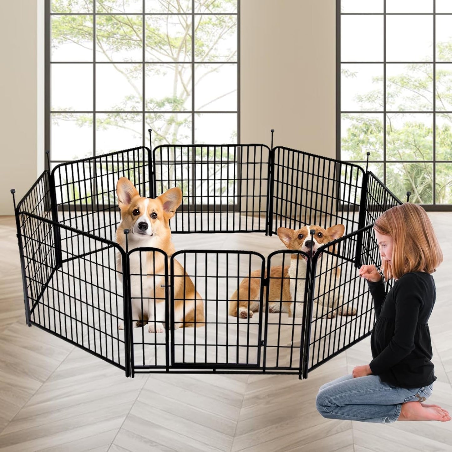 Garden Fence with Gate 32 in(H)×27 in(L) 4 Panels,Fence Blocker for Dogs, Heavy Duty Iron Animal Barrier Fence,Suitable for Indoor Pet Or Outdoor Dog Fencing, Total 8.9 Ft(L), Black