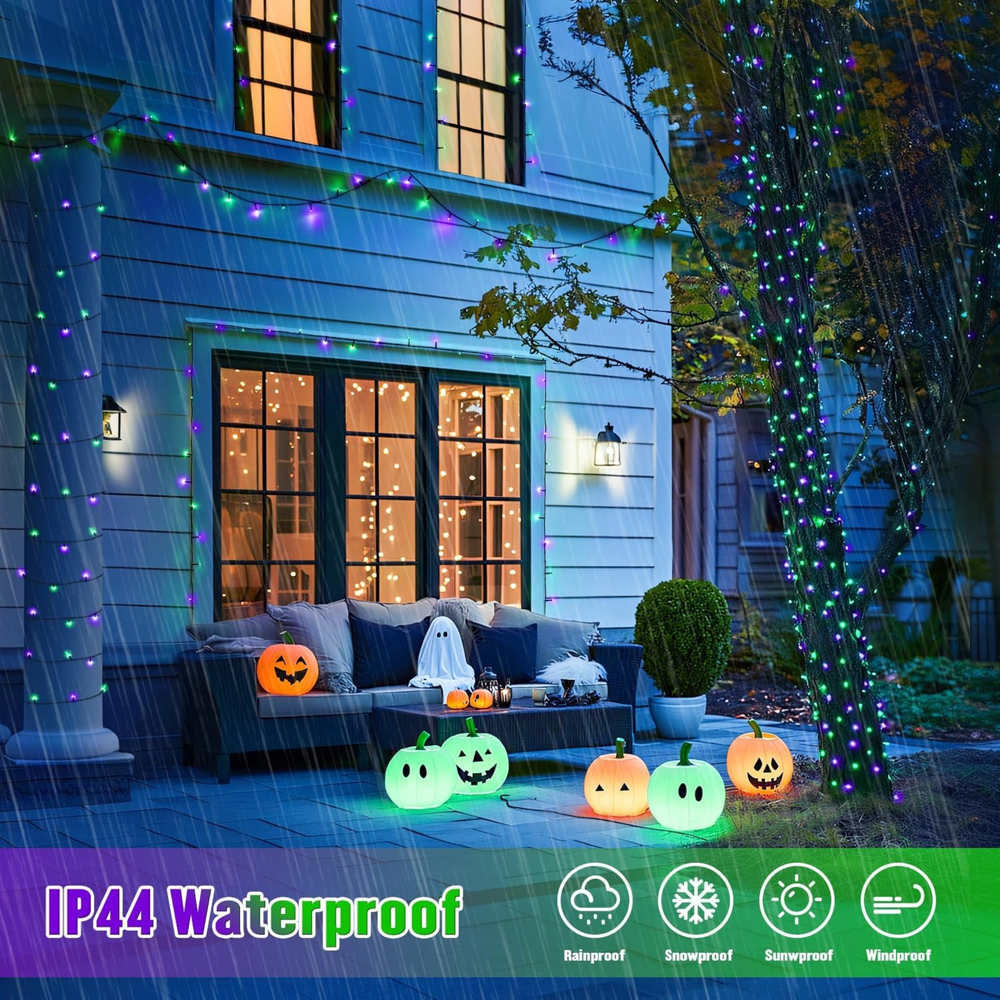 JMEXSUSS Purple and Green Halloween Lights, Total 66 FT 200 LED Solar Halloween Lights Outdoor, 2 Pack Solar Christmas Light Outdoor Waterproof for Yard Garden Tree Decor