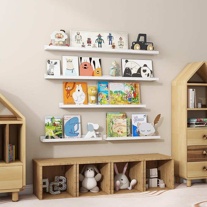 Floating Picture Ledge Shelves 36 Inch Solid Oak Wood Set of 2, Rustic Wall Storage Shelves with Lip, Kids Bookshelf, Photo & Picture Ledge Shelves for Bedroom, Living Room, Kitchen