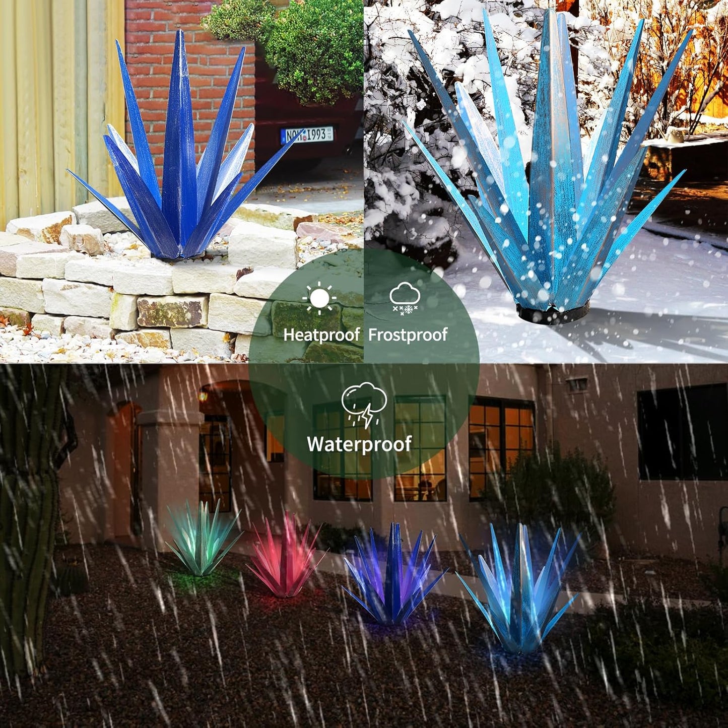 Large Tequila Rustic Sculpture, Rustic Metal Agave Plants for Outdoor Patio Yard, Home Decor Hand Painted Metal Agave Garden Yard Statue, Outdoor Lawn Ornaments (Dark Blue - L (W/Solar Light))