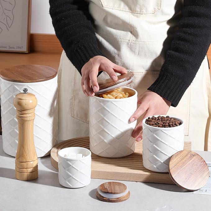 Sweejar Ceramic Canisters Sets for Kitchen Countertop, Relief Food Storage Jar with Bamboo Lid, Stackable Container for Flour, Coffee, Pasta, Cereal, Tea, Sugar, Spices, Pack of 4 (Walnut White)