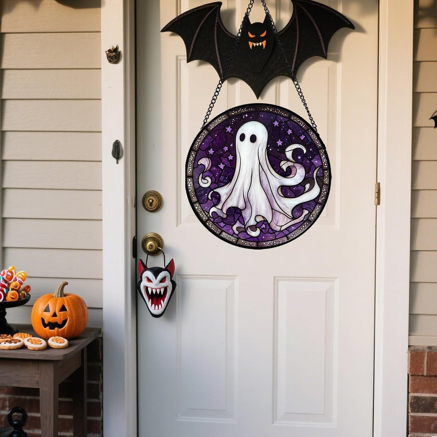 Stained Glass Window Hanging - Halloween Decorations White Ghost Purple Stars Suncatcher for Doors Garden Spooky Funny Sun Catchers Gothic Decor Horror Gifts for Women Men Friend 7.8 in