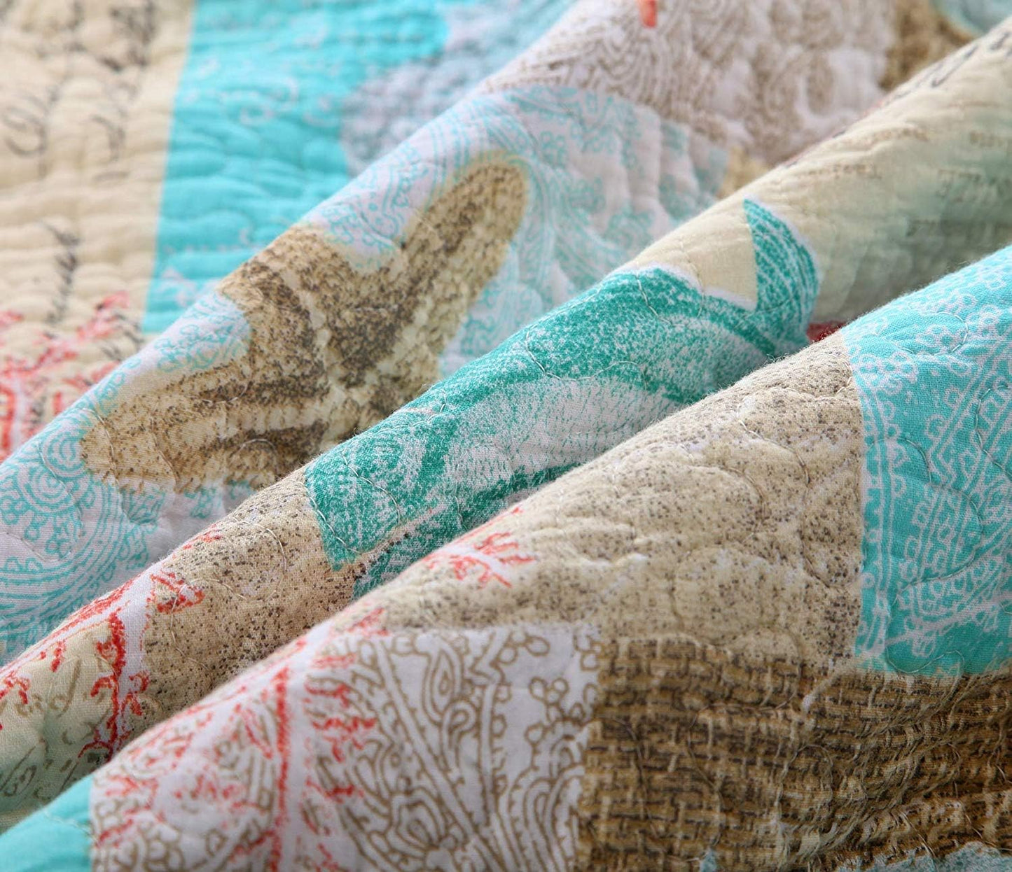 YAYIDAY Quilt King Size Bedspread Set - 100% Cotton Reversible Breathable Star Fish Coral Shell Style Quilted Quilt with Pillow Shams for All Seasons