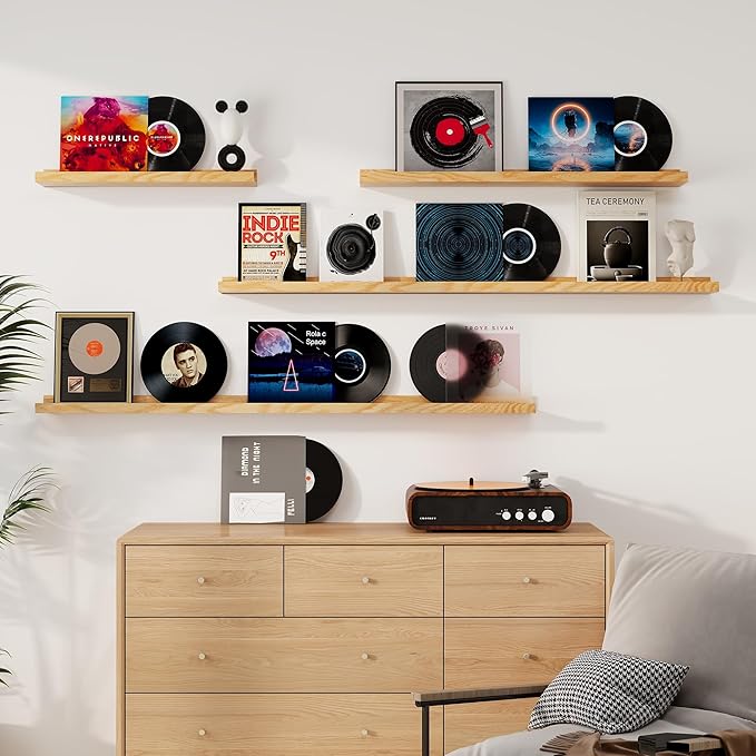 Floating Picture Ledge Shelves 72 Inch Solid Oak Wood Set of 2, Rustic Wall Storage Shelves with Lip, Kids Bookshelf, Photo & Picture Ledge Shelves for Bedroom, Living Room, Kitchen