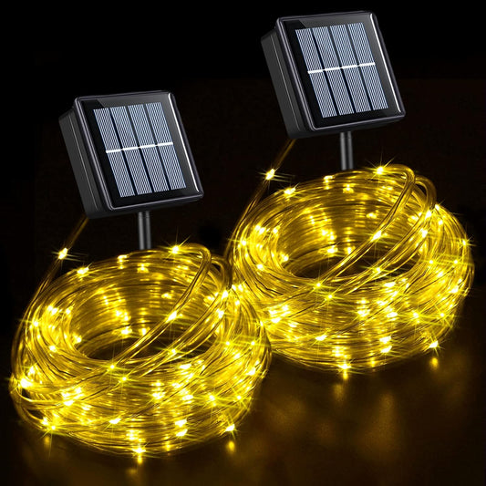 YEGUO 2 Packs Each 33ft 100 LED Solar Rope Lights Outdoor Waterproof, Warm White String Lights for Outside, 8 Modes Fairy Lights in Clear Thin Tube for Camping Fence Patio Garden Trampoline Deck