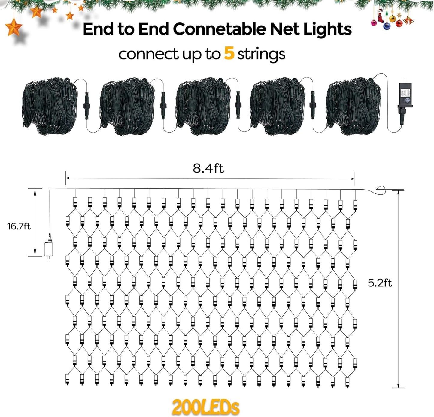 WBao Christmas Lights Outdoor, 200LED 8.4ft x 5.2ft Christmas Net Lights with 8 Modes, Timer, End to End Connectable, Waterproof LED Net Lights for Lawn, Bushes, Trees Xmas Decorations, Warm White