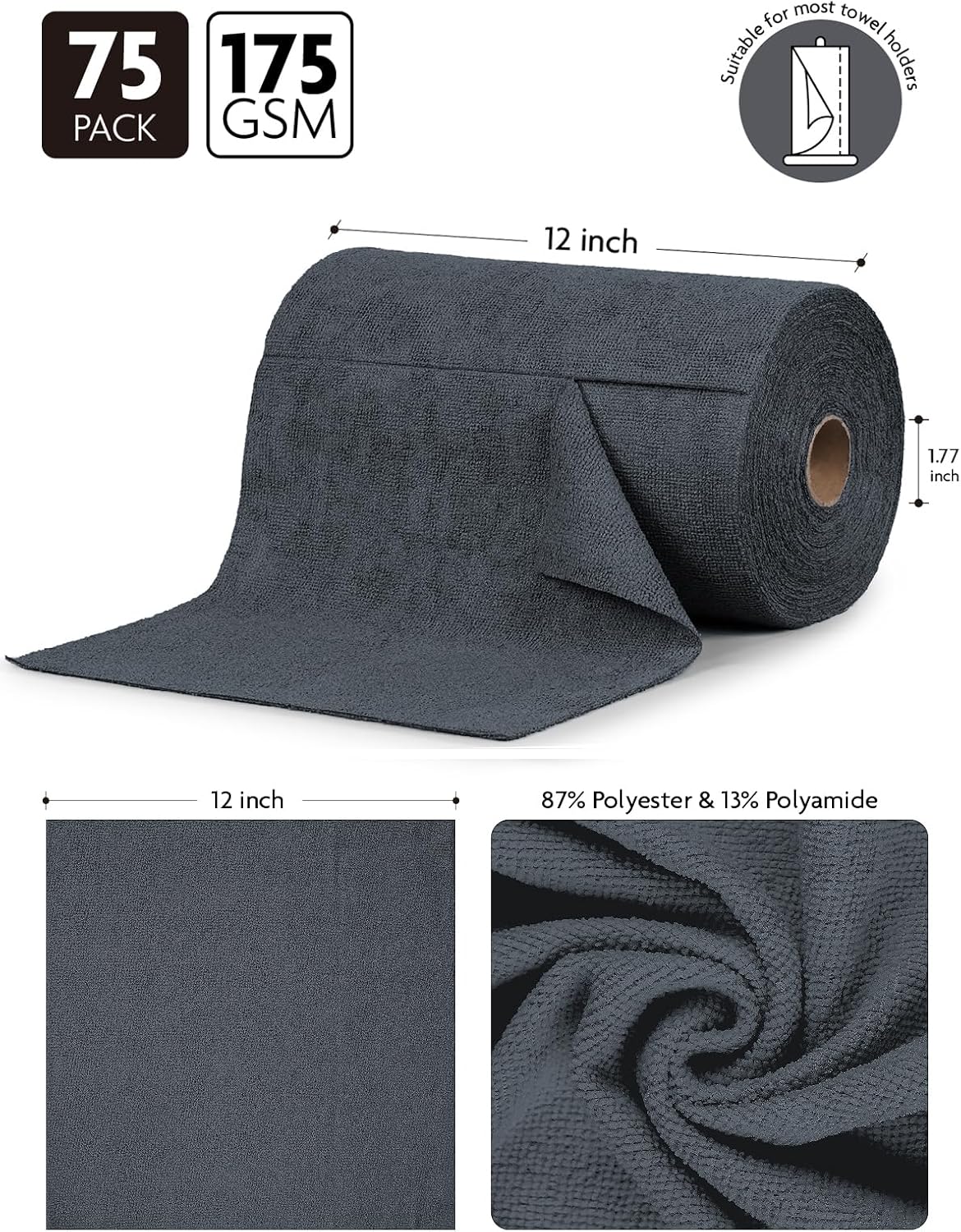 Fantasticlean Microfiber Cleaning Cloth Roll -75 Pack, Tear Away Microfiber Towels, 12" x 12", Reusable, Washable, Scratch Free, Ultra Absorbent Dish Rags for Car, Home, Garage or Shop (DimGray)