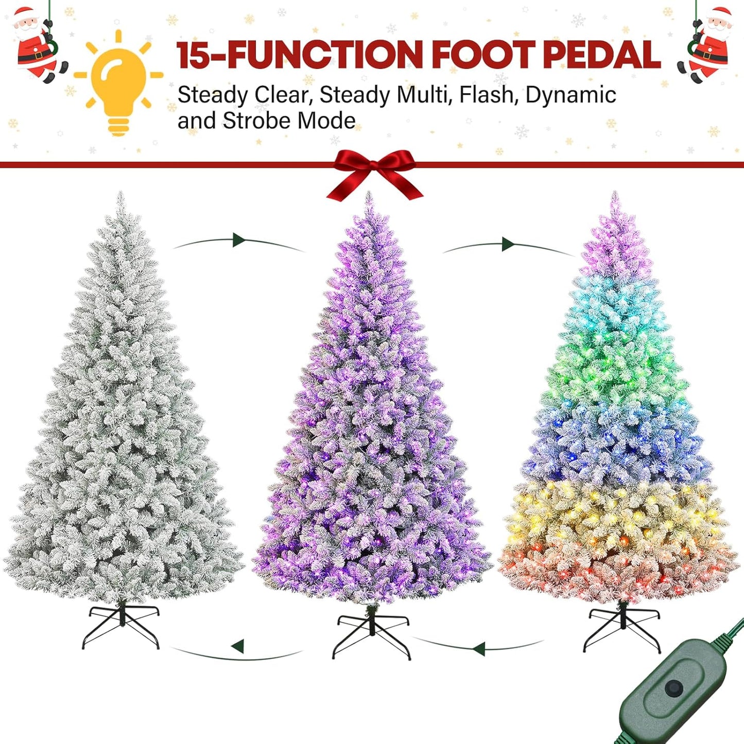 7.5ft Lighted Snow Flocked Christmas Tree with Remote Control, 450 Multi-Color RGB Lights, 1446 PVC Branch Tips, 15 Mode Artificial Hinged Christmas Tree for Home