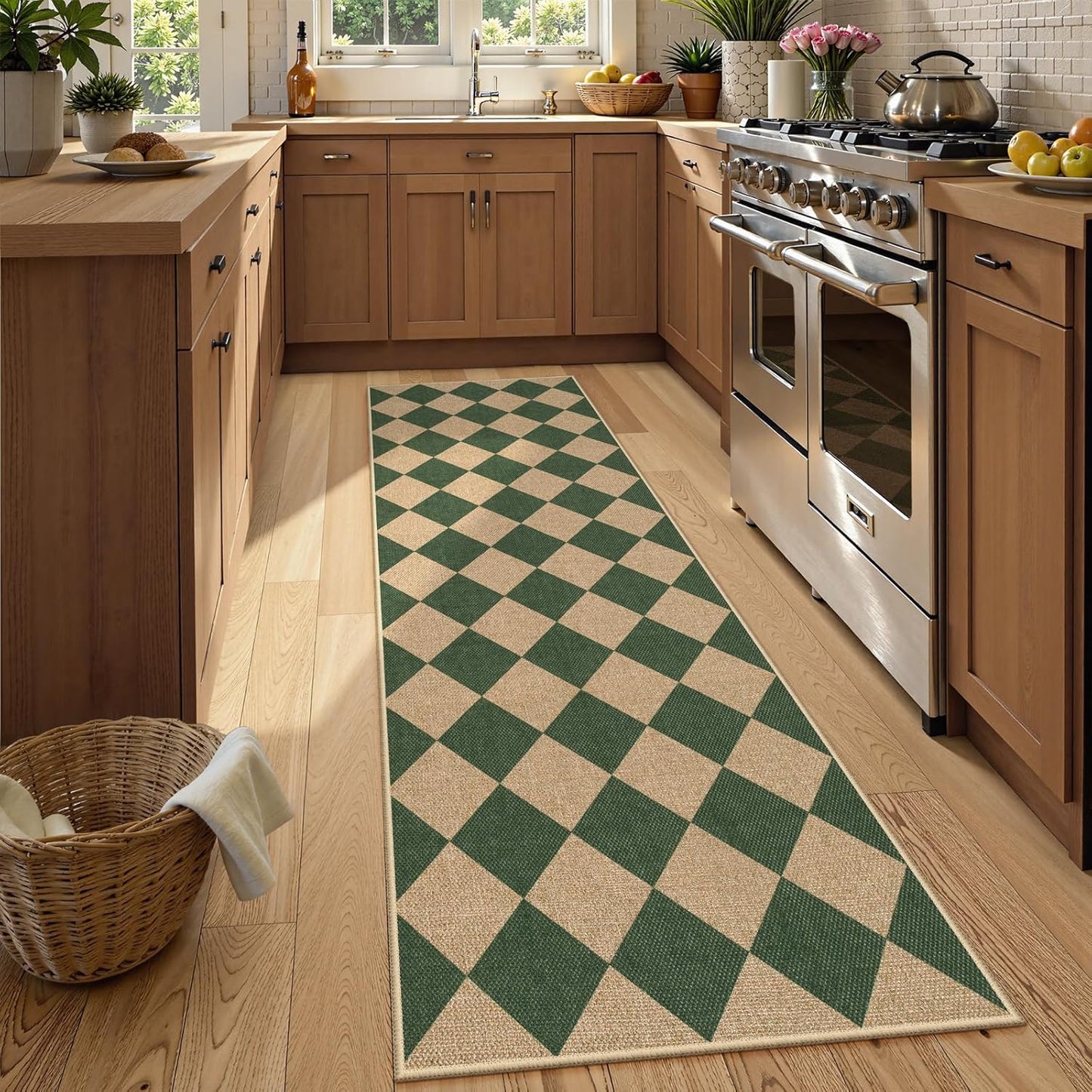 Lahome Checkered Kitchen Runner, 2x8 Easy Jute Runner Rug for Hallway Entryway, Farmhouse Indoor Outdoor Non Slip Non Shedding Green Carpet for Laundry Bedroom Porch Corridor