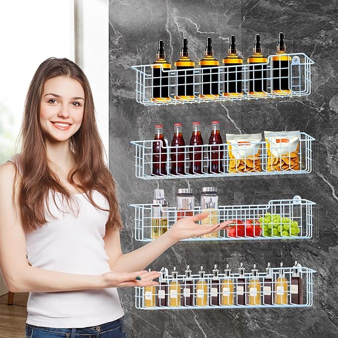 Spice Rack, 4-Pack Seasoning Organizer Wall Mount for Kitchen Storage Organization, Metal Spice Holder Shelf Saving Space for Cabinet, RV, Pantry, Blue