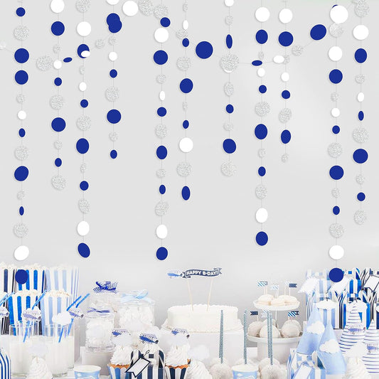46 Feet Navy Blue White and Silver Circle Dots Garland Royal Blue Hanging Paper Polka Dots Streamer for Birthday Wedding Bridal Baby Shower Nautical Ahoy Achor Pirate Theme Party Decorations Supplies