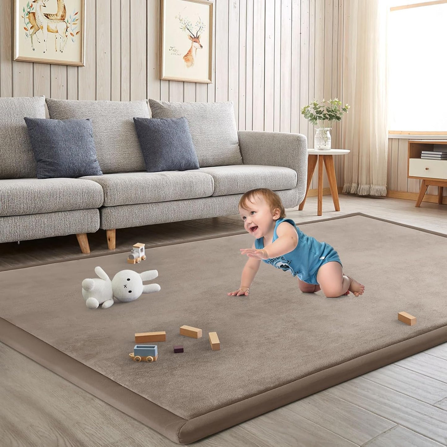 Baby Play Mat for Floor Tummy Time Mat Nursery Rug Muscle Mat Area Rug Playroom Rug Tatami Mat 6'7"x5'11" Memory Foam 1.3" Thick Crawling Mat For Babies,Toddlers, Infants, Kids,Floor Mat(Brown)