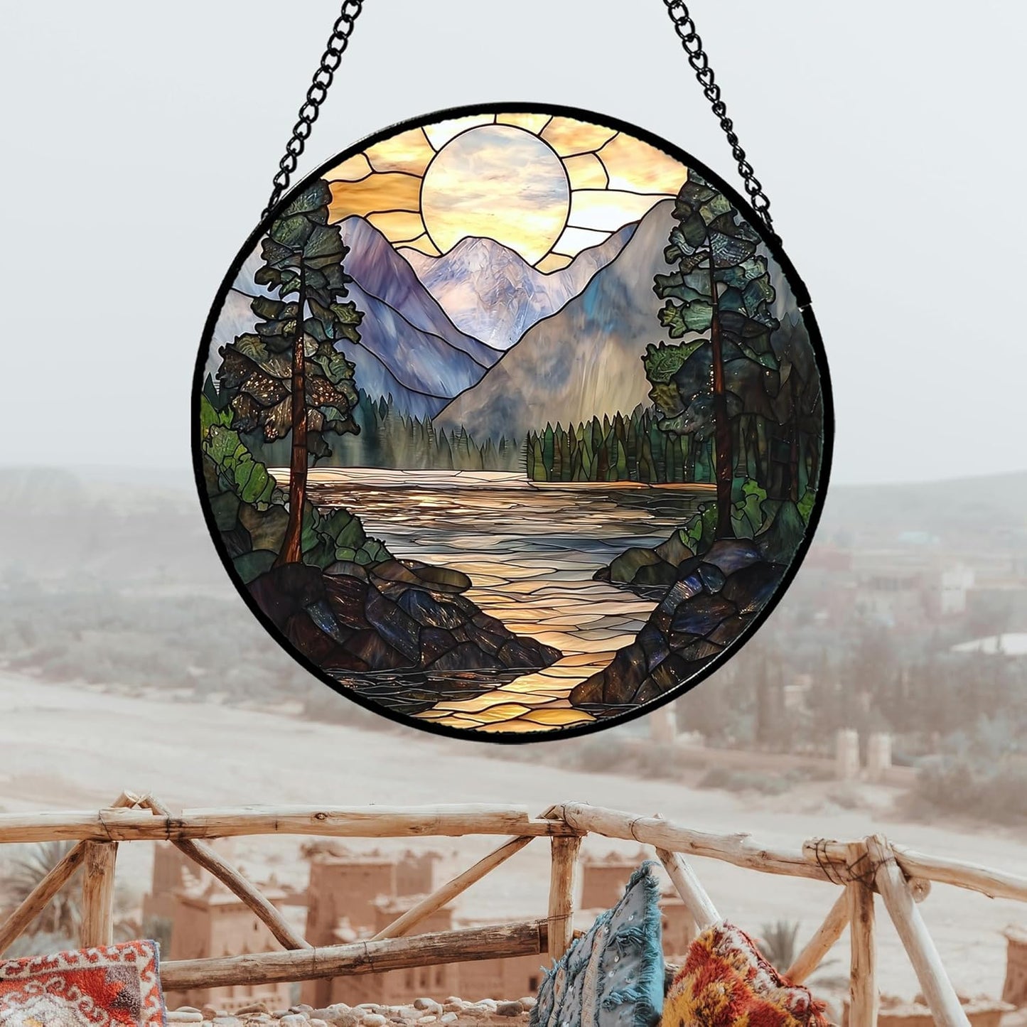 Stained Glass Window Hanging, Sunset Mountains Lake Tree Sun Catcher for Window Home Decor Landscape Suncatcher Mother's Day Birthday Gifts for Women Men Mom and Nana 7.8 in