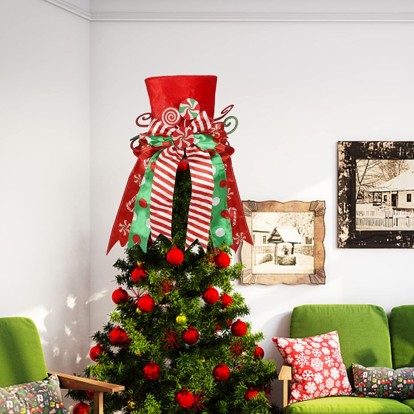 yofit Christmas Tree Topper Hat, Large Red Hat with Striped Bow Ribbon & Lollipop, Christmas Tree Decorations Top Hat, Desktop Ornaments for Home Xmas Holiday Winter Decor