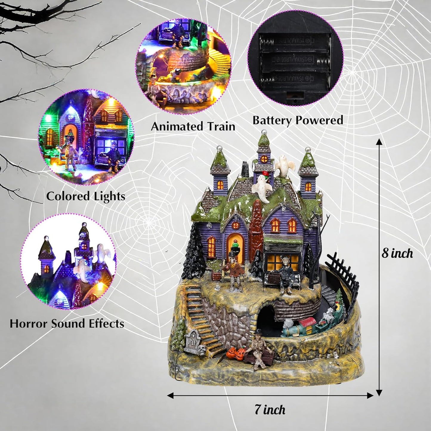 DREAM GARDEN Halloween Village Collection, Lighted Spooky Haunted House with Animated Train and Scary Sound Resin Spooky Town with Skull, Pumpkin, Ghost for Holiday Party Tabletop Decor
