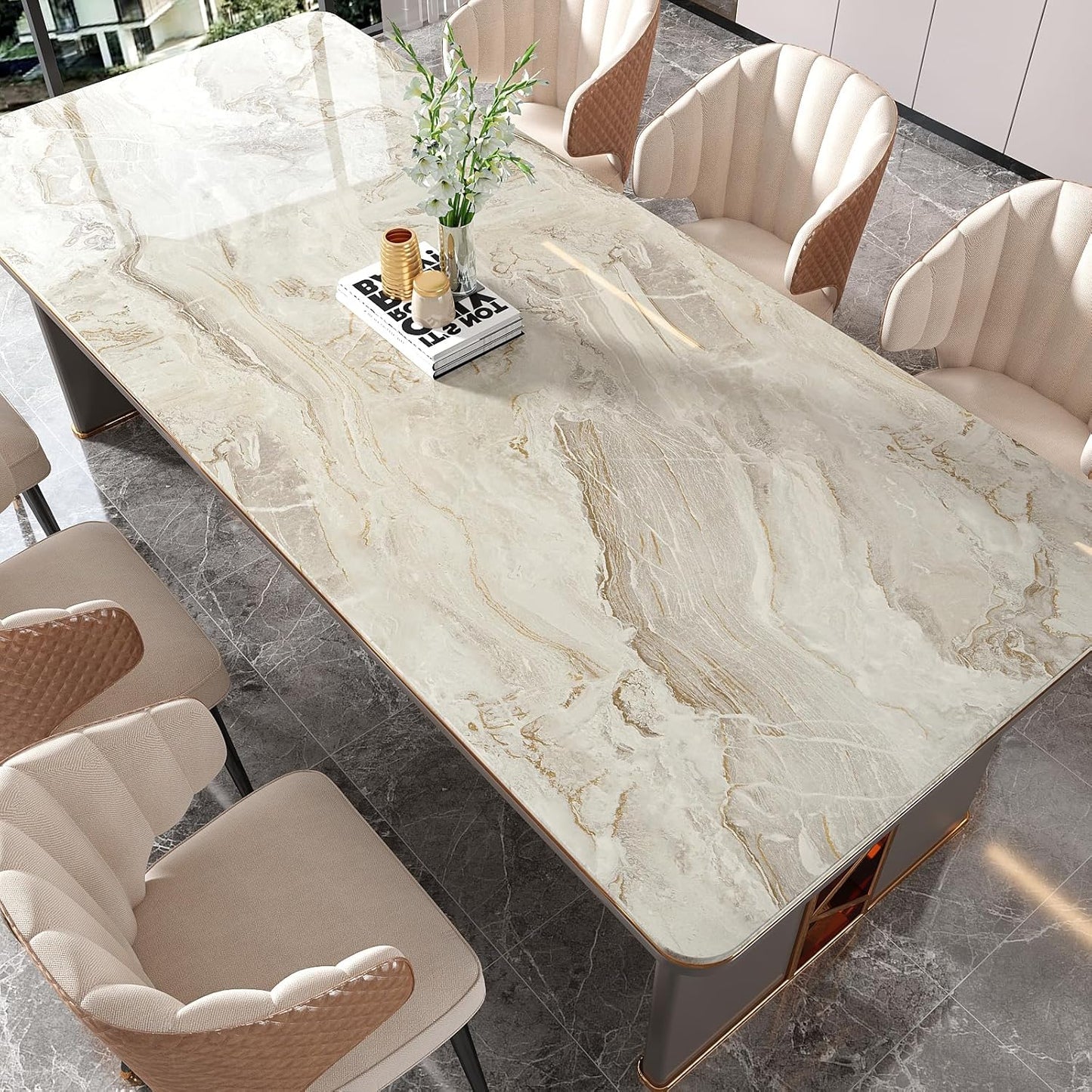 VEELIKE Wide 32''x354'' Beige Gold Marble Contact Paper for Countertops Peel and Stick Waterproof Countertop Vinyl Wallpaper for Kitchen Bathroom Glossy Marble Wallpaper Peel and Stick for Walls Table