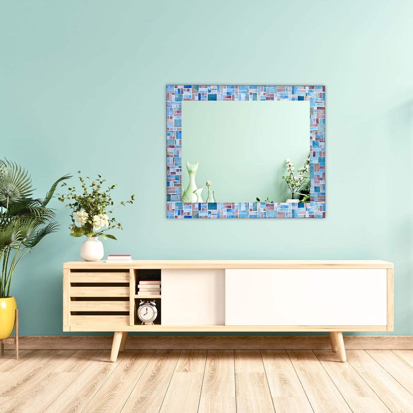 30x24 Rectangular Shape Iron Frame Wall Mirror with Glass Mosaic Tiles- Multi Blue for Vanity, Bathroom, Living Room, Home Decor