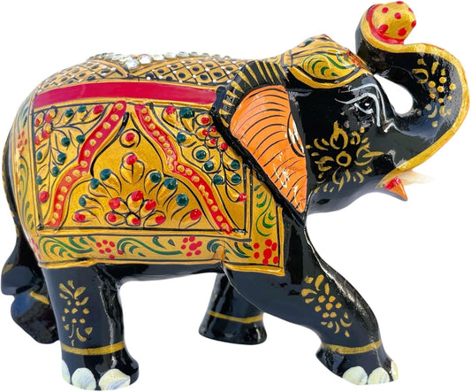 Handcrafted Wooden Elephant Figurine – Traditional Artwork, Gold & Gemstone Embellishments – Lucky Decorative Elephant Statue for Prosperity | Beautiful Elefantes Decorativos para Sala (Black & Gold)