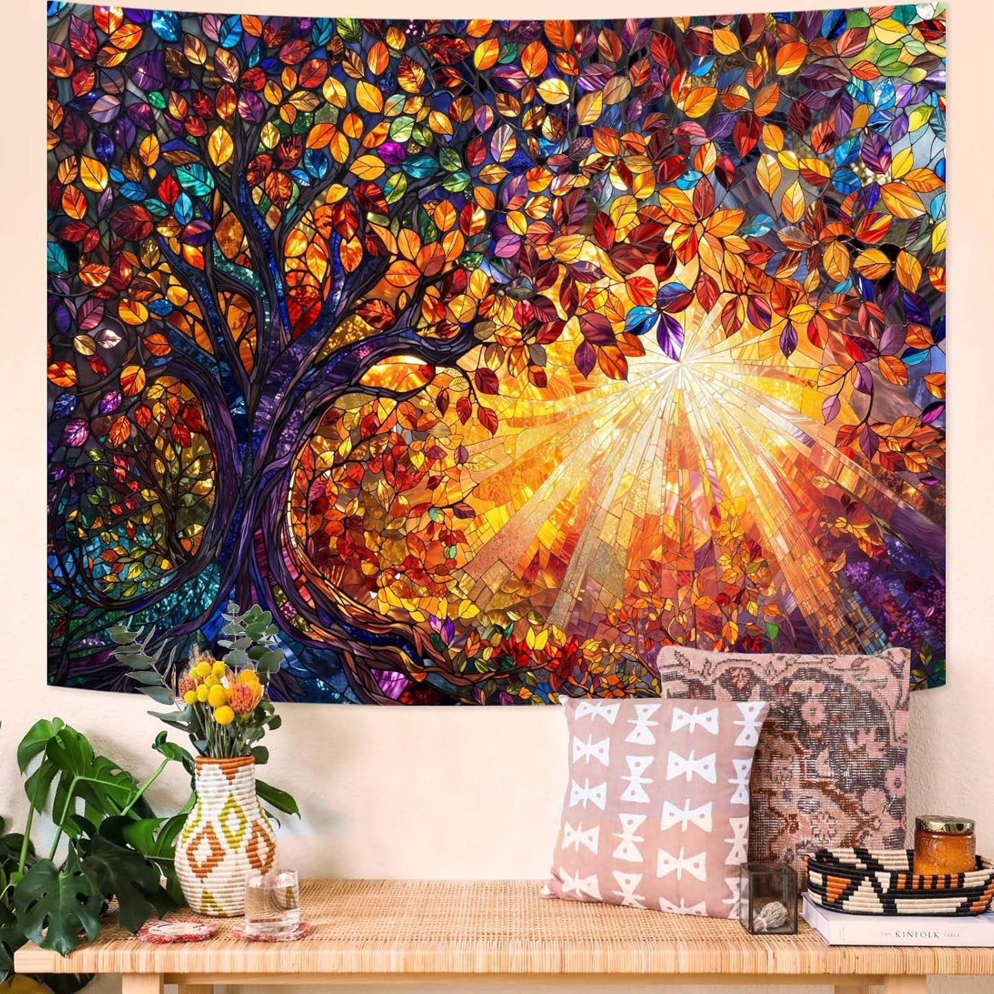 Lunerfex Tree of Life Tapestry Stained Glass Tapestry Wall Decor Tapestries for Bedroom Art Tapestries Wall Hanging for Bedroom Living Room Glass-Tree-03 44"x60"