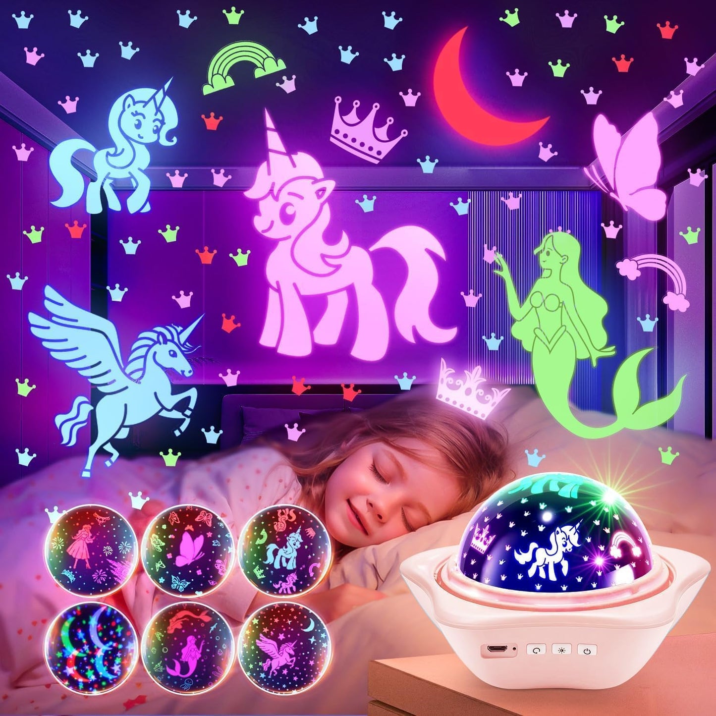 PIKOY Unicorn Room Decor for Girls Bedroom, 96 Lights+6 Films Unicorn Night Light for Girls Room Decor, Princess+Mermaid+Butterfly Lamp, 360° Rotation+Cordless 3-6 Year Old Girl Birthday Gift Ideas