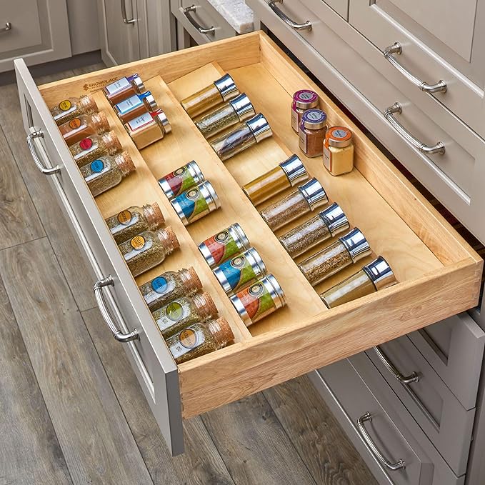 Rev-A-Shelf 3 Tiered Seasoning Organizer for Wooden Kitchen Drawers, Pull Out Spice Rack, 19.75 x 33.15 x 1.74 In, Maple, 4SDI-36-1