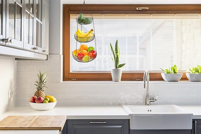 CAXXA 3-Tier Hanging Basket Fruit Organizer Kitchen Heavy Duty Wire Organizer with 2 Free Bonus Metal Ceiling Hooks(Bronze)