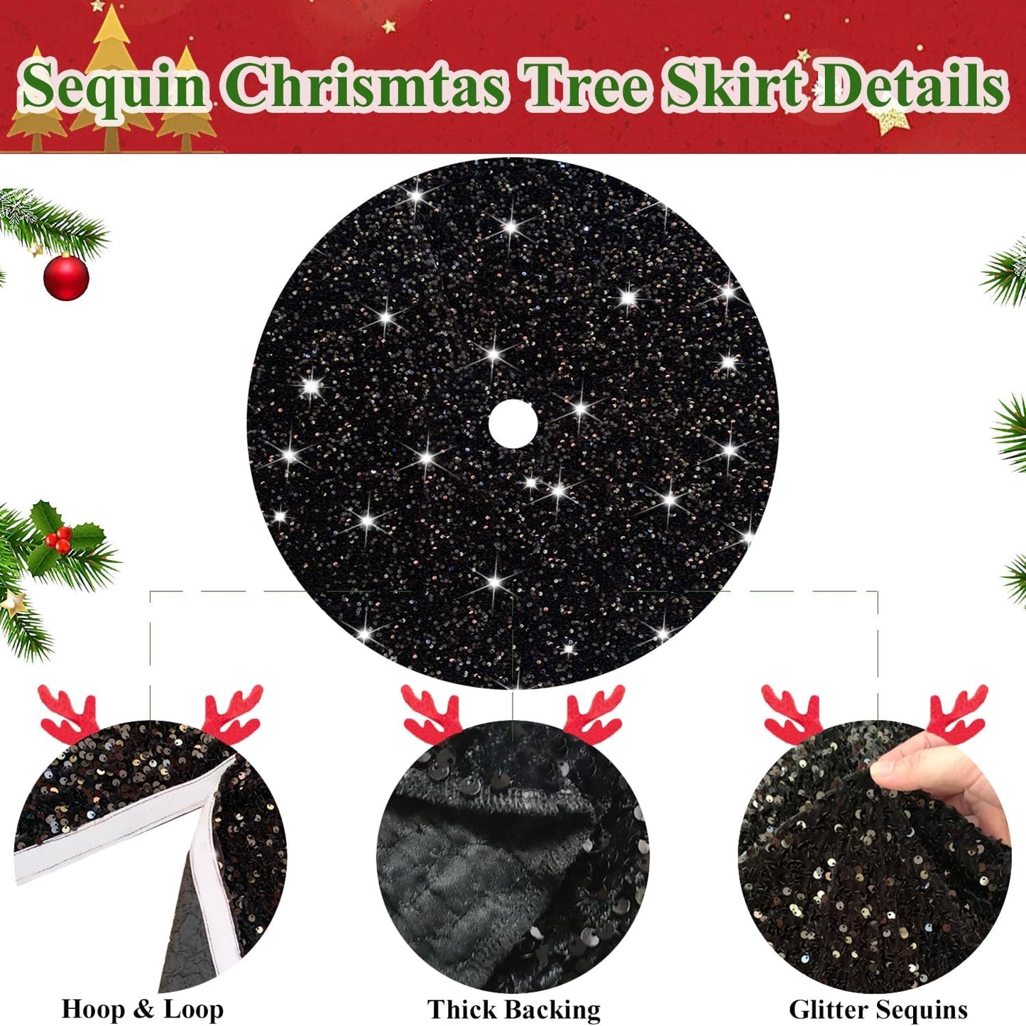 Christmas Tree Skirt 36 Inch Black Xmas Tree Skirt Soft Fabric Christmas Tree Skirts Santa Tree Decorations for Christmas Tree Skirt Halloween Tree Skirt Collar Sequin Metallic Tree Floor Base