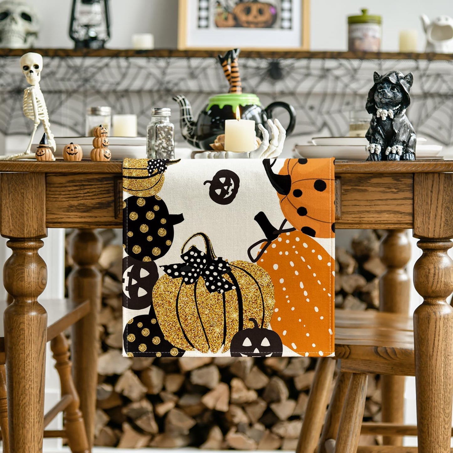 Artoid Mode Polka Dot Halloween Jack-O-Lantern Pumpkin 2PCS Table Runner, Holiday Kitchen Dining Table Decoration Home Party Decor 13x72 Inch