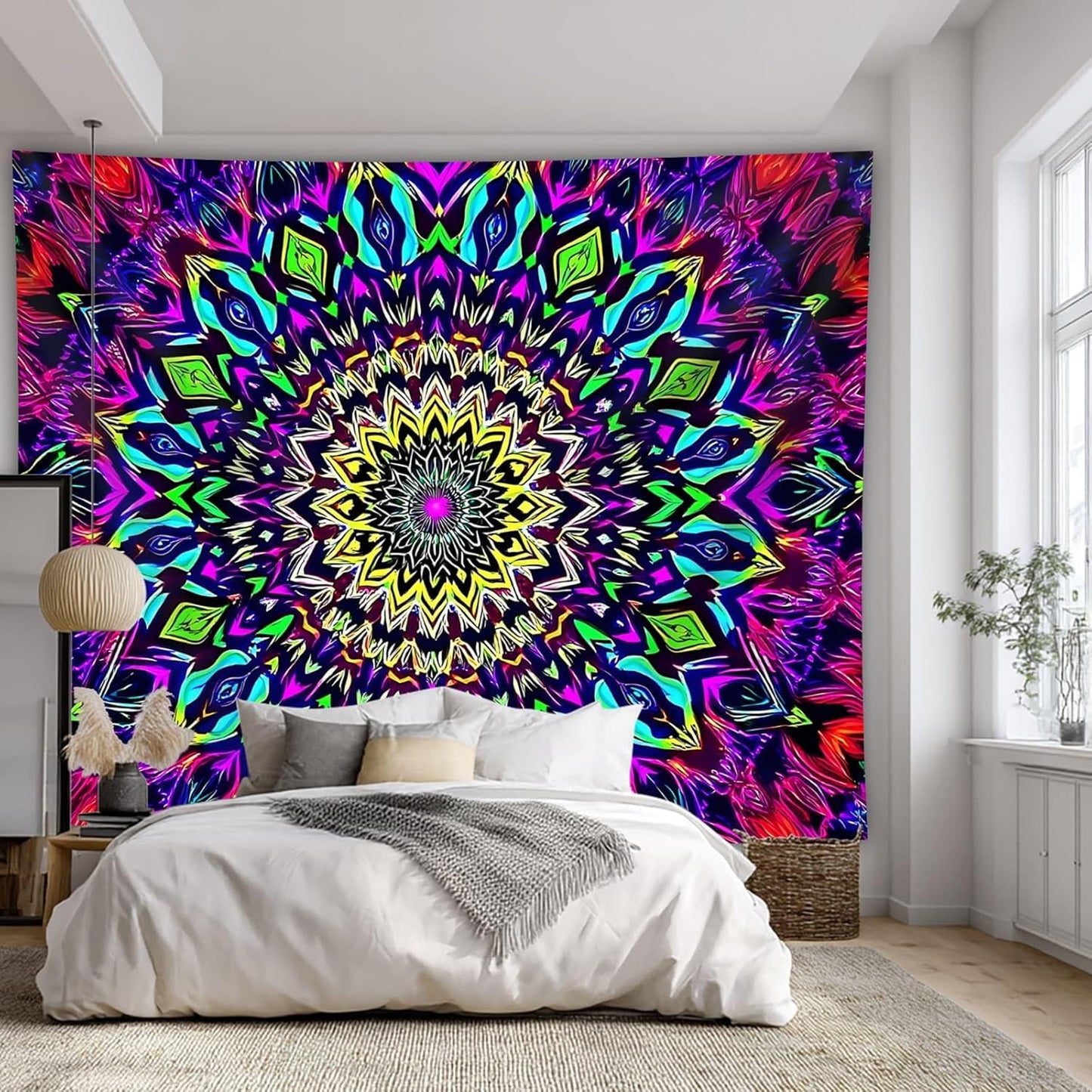 Blacklight Mandala Tapestry for Bedroom, Large Black Light Posters for Adults and Teens, Colorful UV Reactive Aesthetic Bohemian Wall Art Decor (80 x 60 Inches)