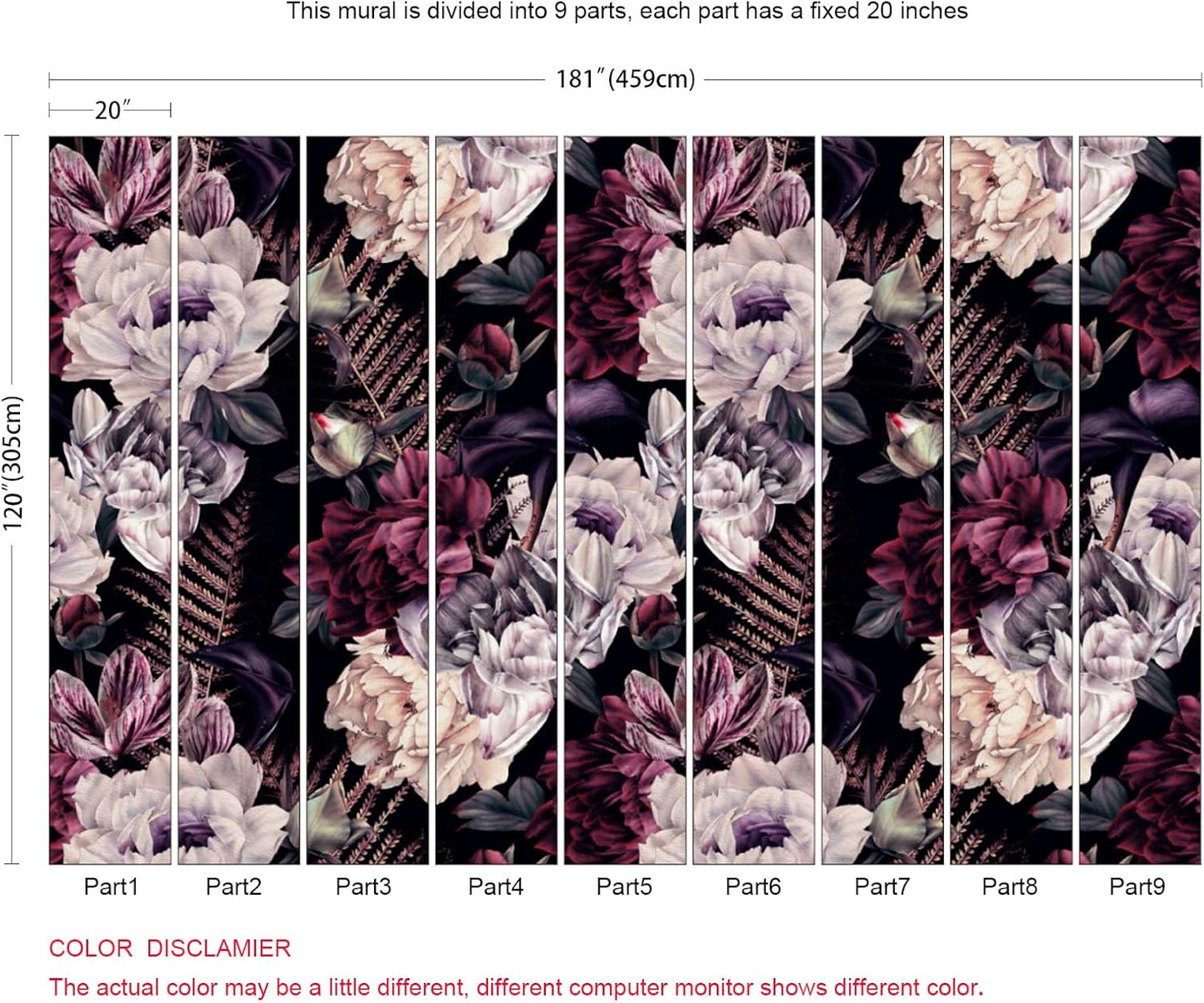 Floral Wallpaper Watercolor Dark Peony Flowers Mural Wallpaper for Bedroom Living Room (Not Peel n' Stick)