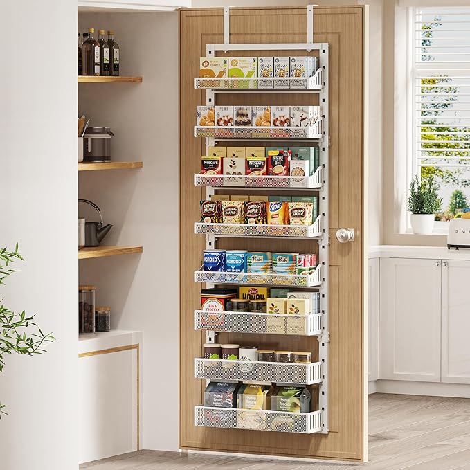 Over the Door Pantry Organizer 8-Tier, Large Metal Door Spice Rack with Adjustable Basket, 2 in 1 Wall Mount or Hanging Heavy-Duty Pantry Door Storage Shelf for Kitchen and Bathroom, White
